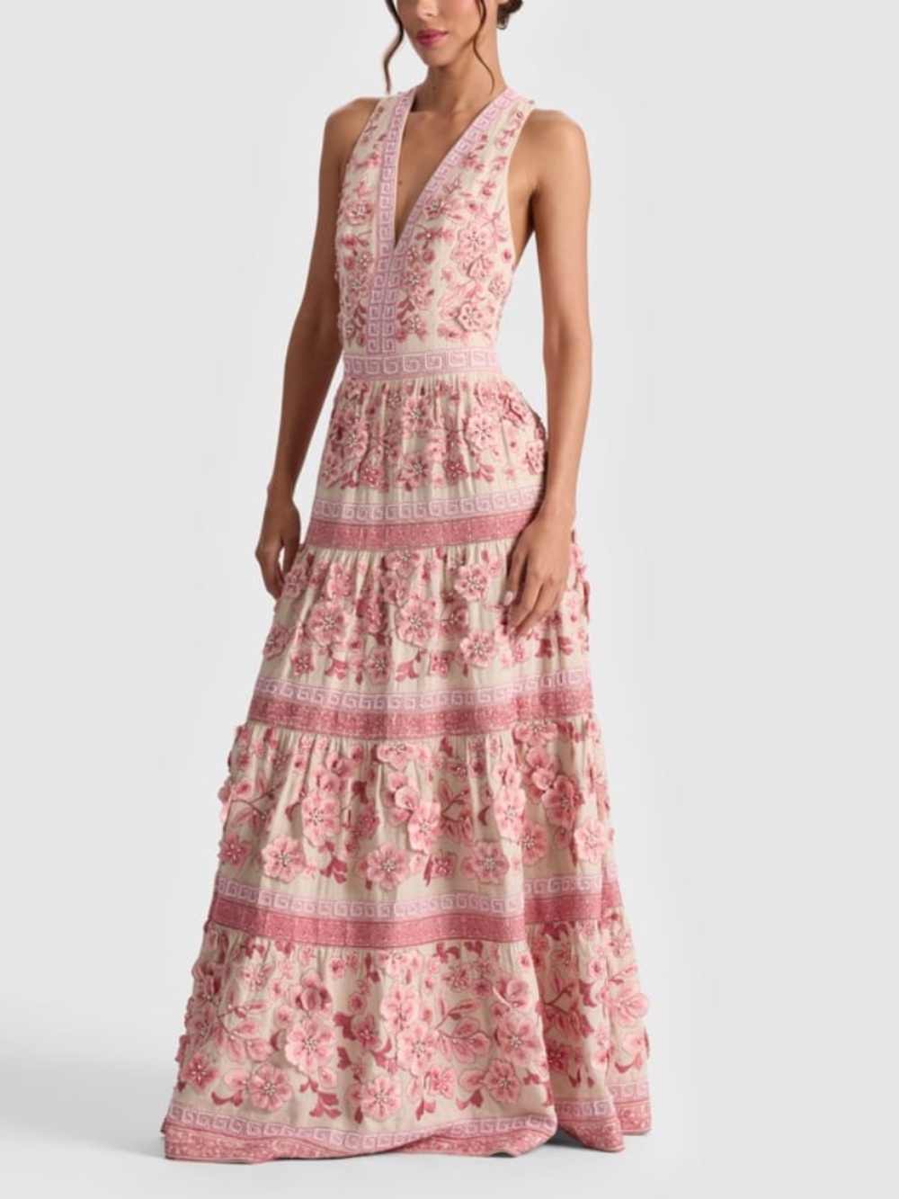 Alice + Olivia Magdalena Pink Dusty Rose Floral Embellished Maxi Dress Gown Sz 2